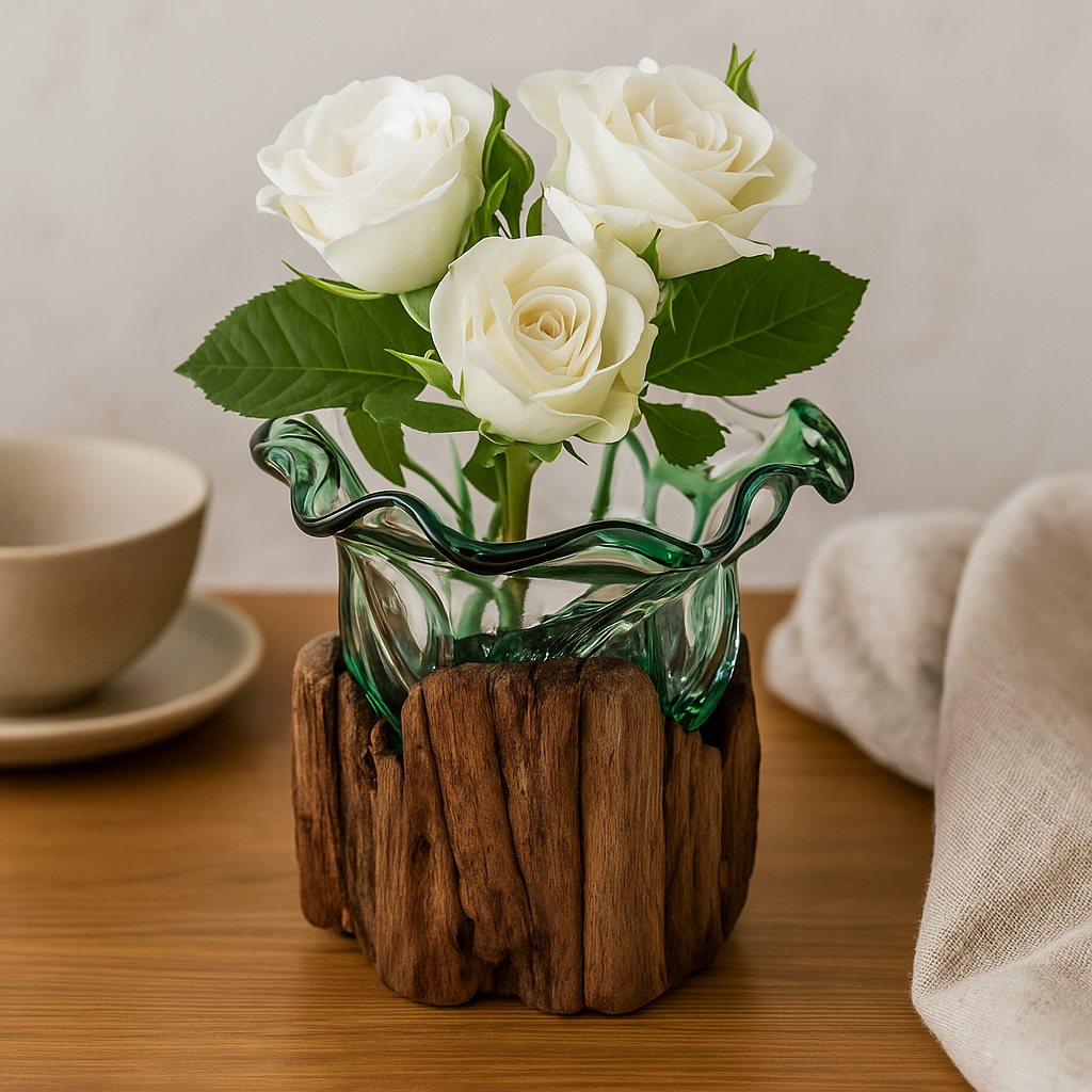 Bol din sticlă reciclată de sticlă de bere topită pe lemn