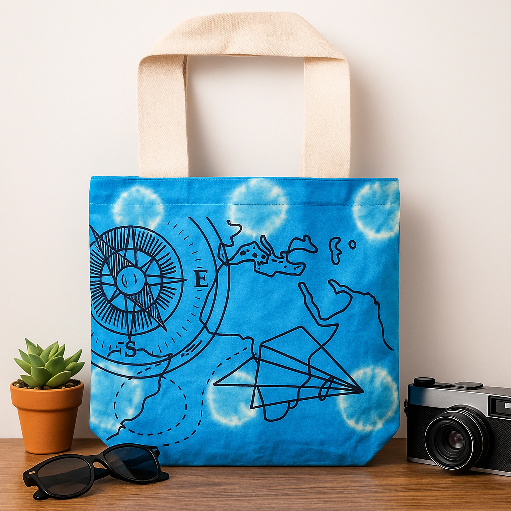 Tye-Dye-Baumwolltasche (6oz) - 38x42x12cm - Kompass - Blau - Natürlicher Griff