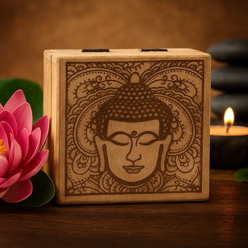 Fyrkantig låda Buddhaansikte svart graverad 10x10x4,2 cm