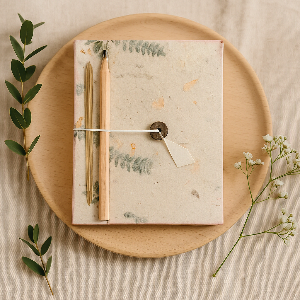 Handmade Lokta Pressed Flower Notebook with Pencil 12×8cm