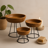 Juego de 3 cuencos de teca para servir con soporte
