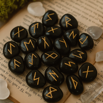 Sort Onyx Rune Sæt 25 Sten Med Pose