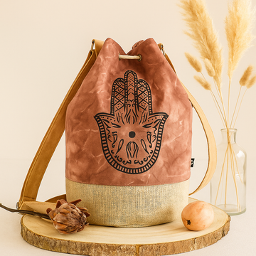Mochila con Cordón Hamsa Lona Arpillera Stonewash Terracota