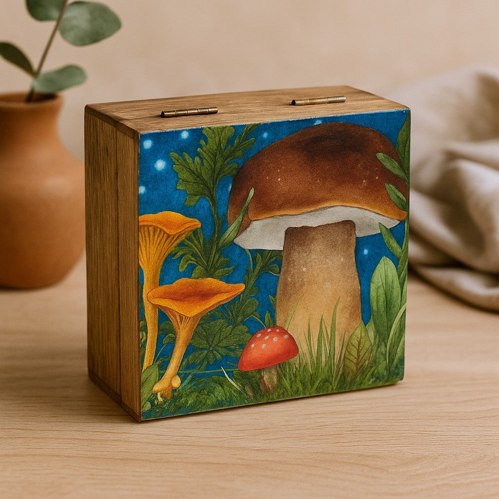 Mittlere quadratische Box 13,5 x 13,5 x 6 cm – Pilzdesign, Blaugrün