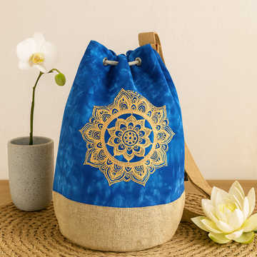 Mochila con Cordón Mandala Bohemio Azul Fondo de Arpillera