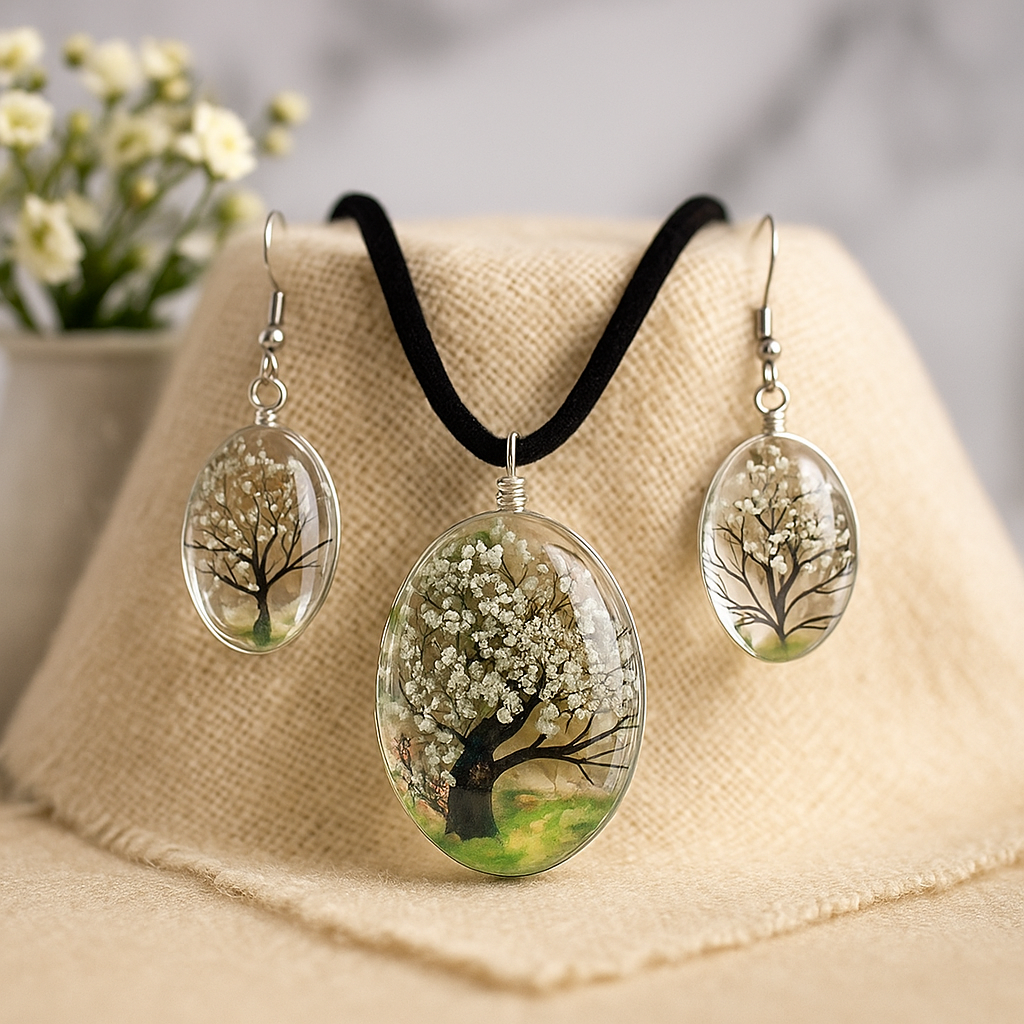Schmuck aus gepressten Blumen - Lebensbaum-Set - Weiß