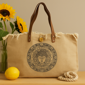 Tote Bag Natural Beige Buddha Mandala Leather Handles