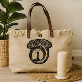 Tote Bag with Leather Handles Frayed Edges