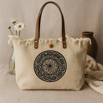 Tote Bag umweltfreundlich beige Mandala mit braunen Ledergriffen
