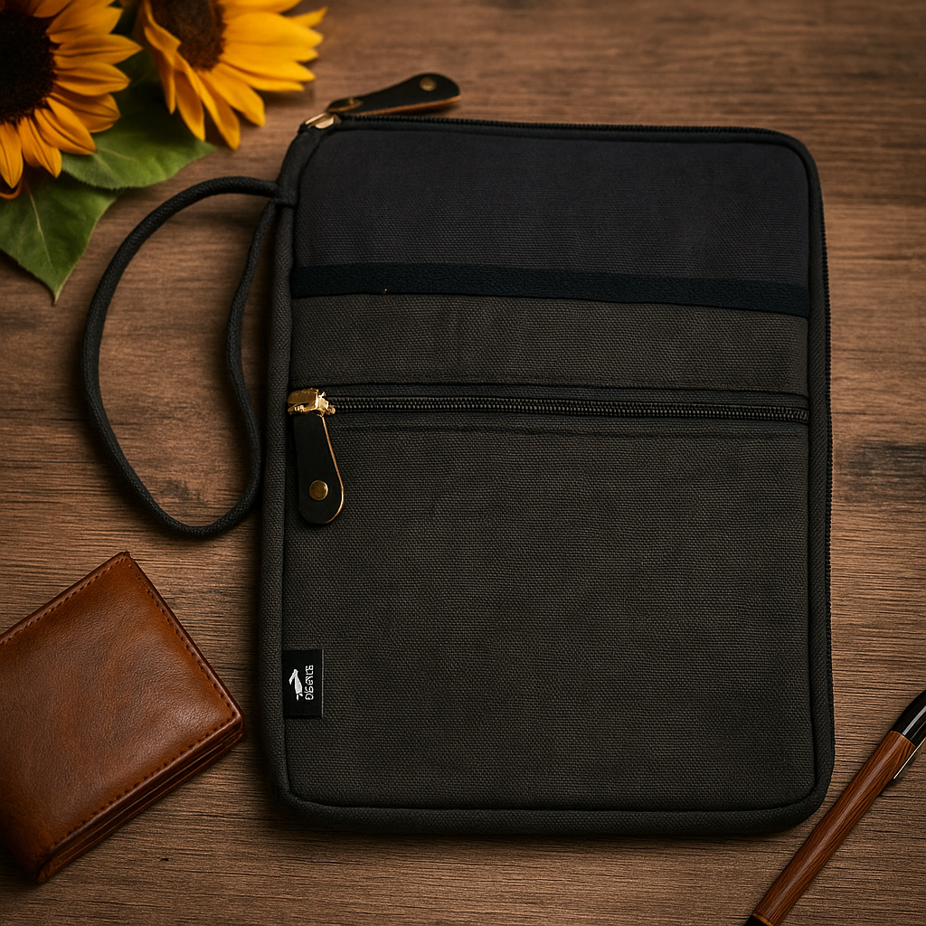 Tablet-Tasche in Stonewash-Anthrazit – Schlanker, tragbarer und stylischer Organizer aus Baumwolle mit Schnellzugriffsdesign und zusätzlicher Seitentasche