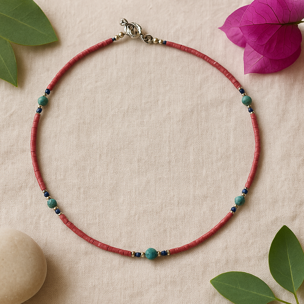 Colar com Coral Rosa e Contas de Turquesa, Nepalês