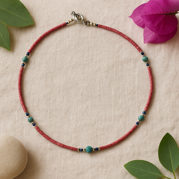 Necklace With Pink Coral and Turquoise Beads, Nepalese