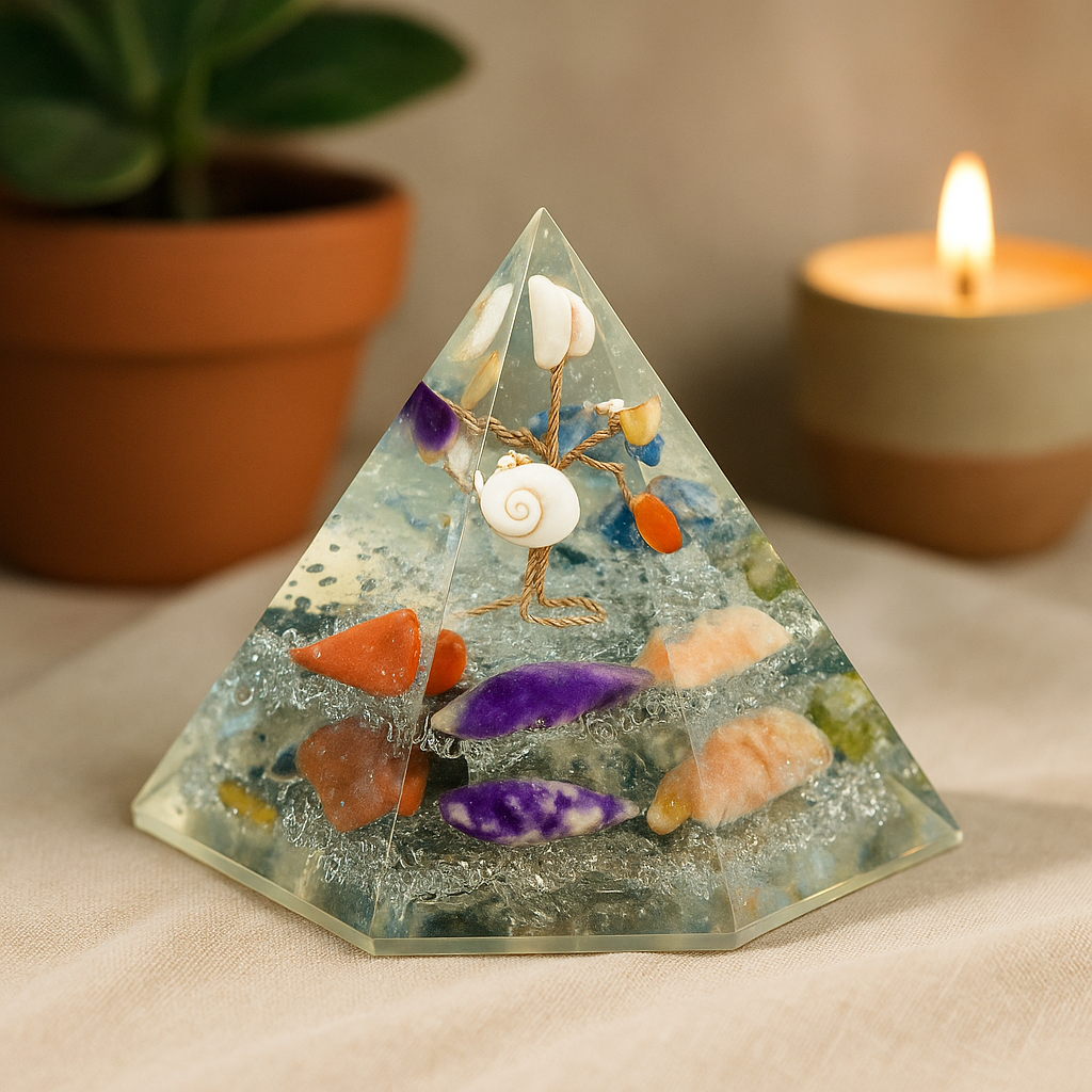 Orgonitová pyramida 7-stranný drahokam Moudrost stromu 90 mm
