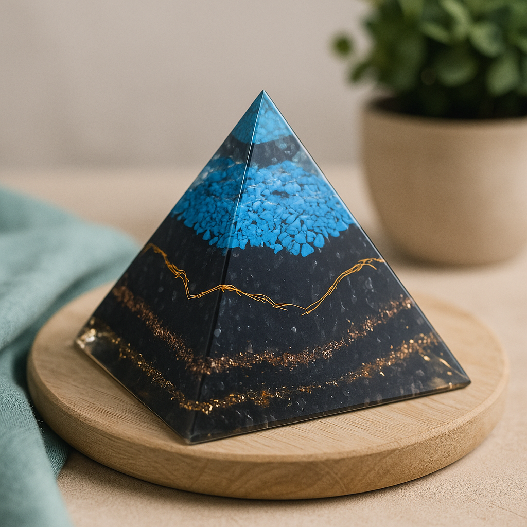 Orgonitová pyramida tyrkysová a černý turmalín 70 mm