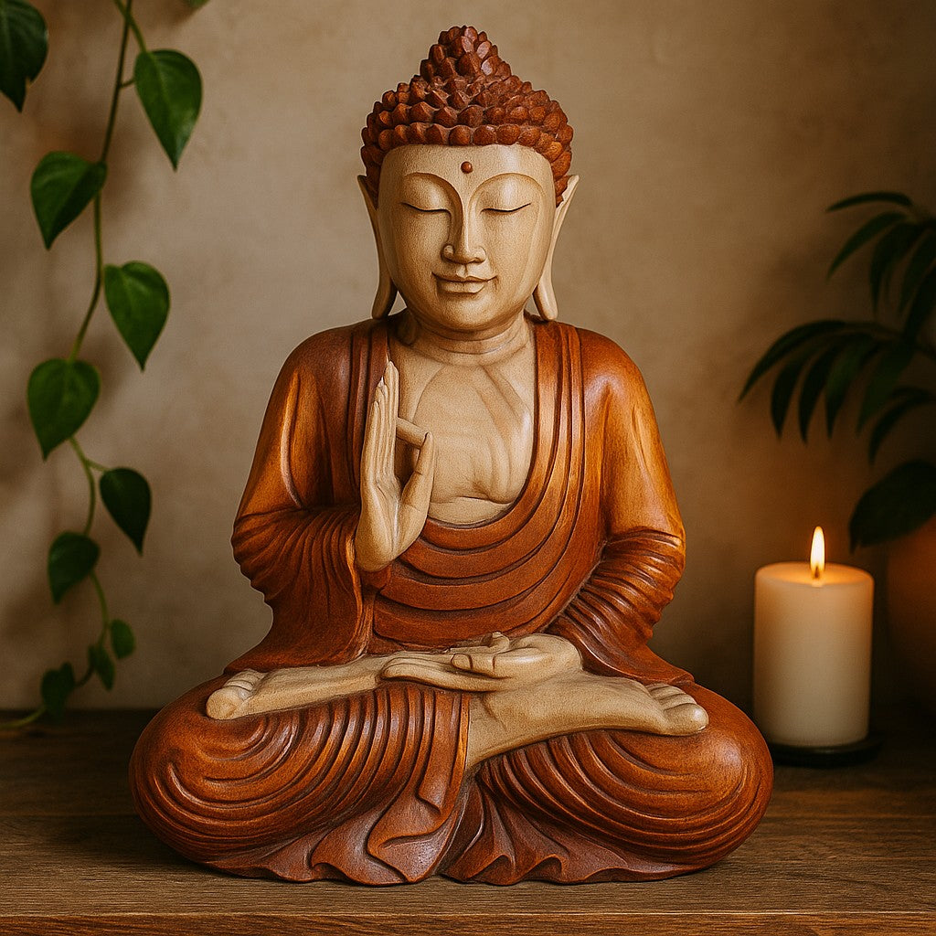 Statue de Bouddha Enseignant Sculptée à la Main en Bois de Suar 60cm