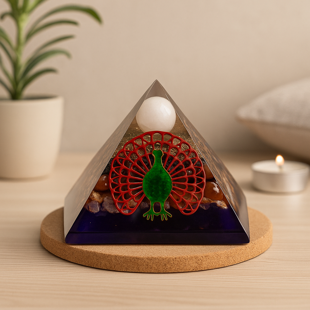 Orgonitová pyramida 80mm páv měděné drahokamy