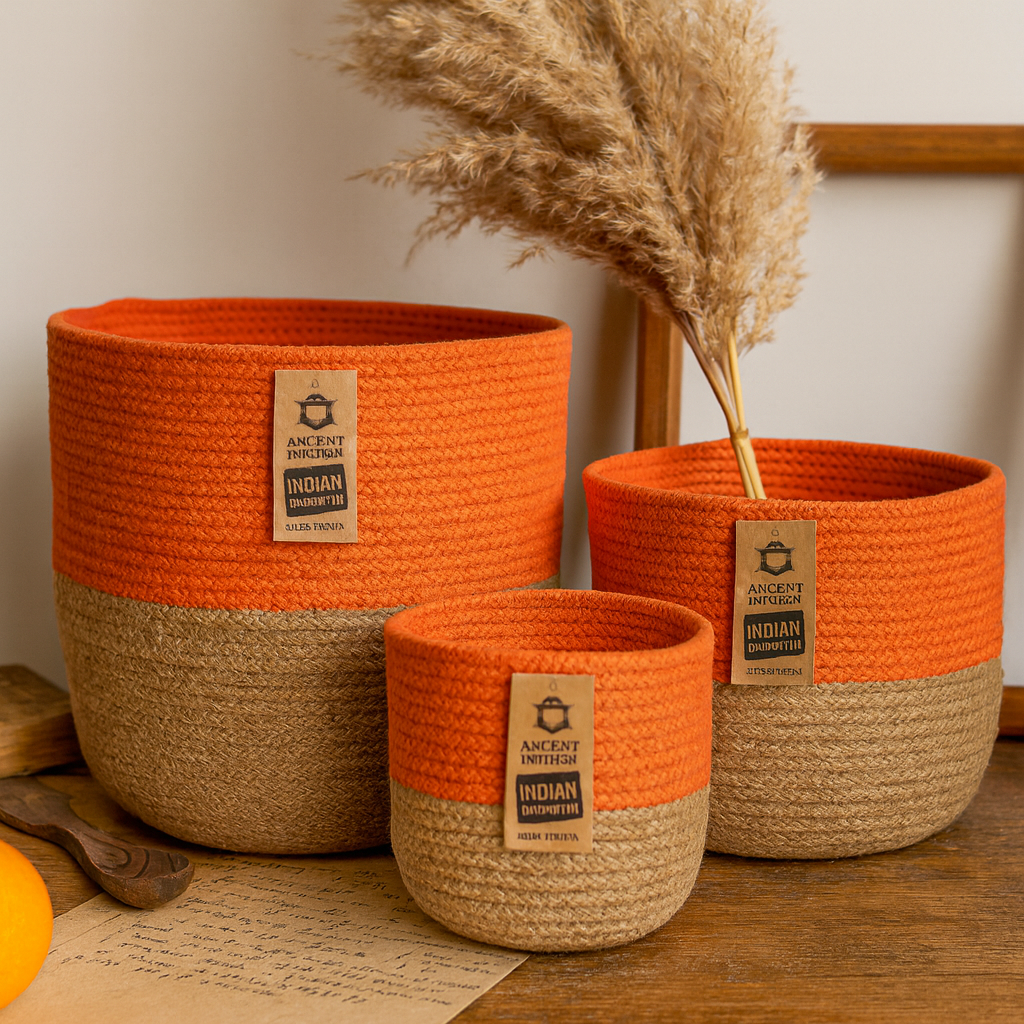 Set mit 3 Aufbewahrungskörben aus indischem Baumwollseil – zweifarbiges Orange- und Jute-Design von Ancient Wisdom