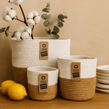 Set mit 3 Aufbewahrungskörben aus indischer Baumwolle und Juteseil – zweifarbiges Weiß und Naturbraun, Design von Ancient Wisdom