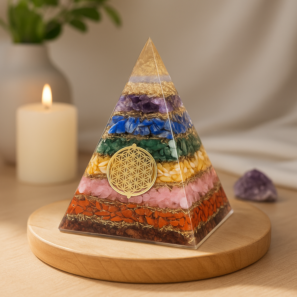 Orgonitová pyramida 7 čaker Květ života 70mm