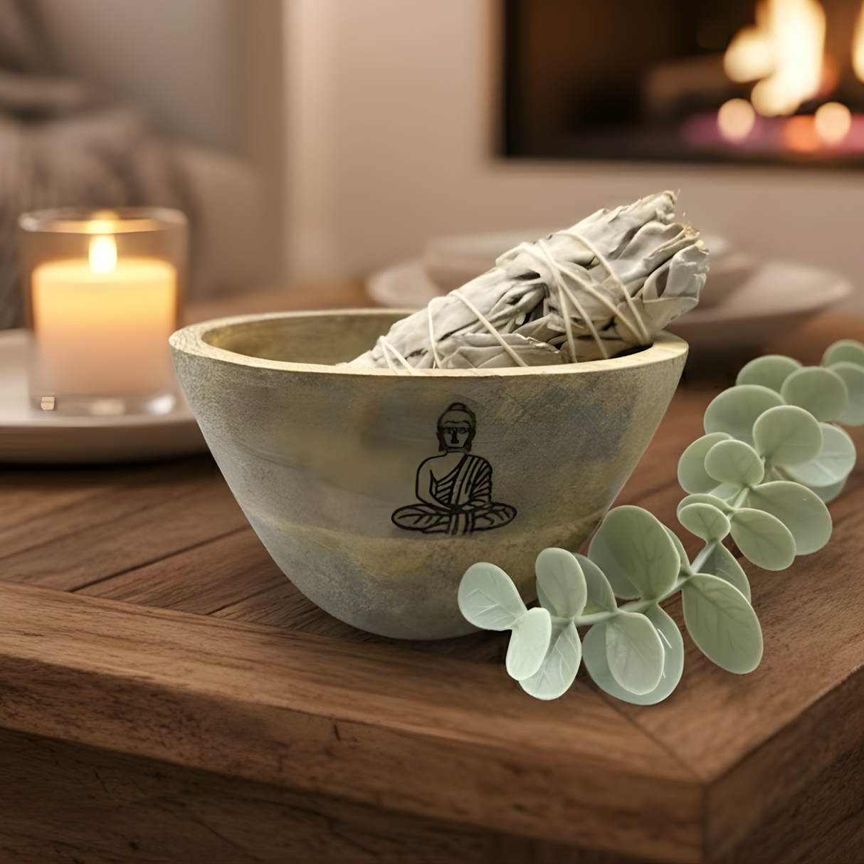 Wooden Smudge Offering Bowl Buddha 11x7cm
