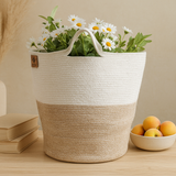 Zweifarbiger Wäsche- und Aufbewahrungskorb aus Baumwollseil 45 x 40 cm – Beige und Weiß mit Griff