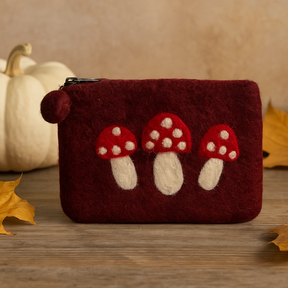 Handmade Felt Zipper Pouch Mushroom Design Deep Red