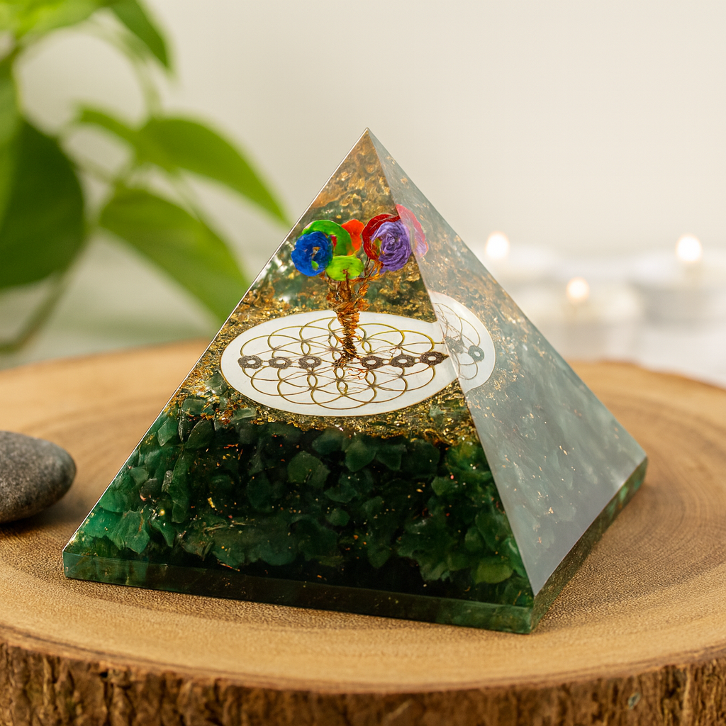 Orgonitová pyramida zelený aventurín květ života 70mm