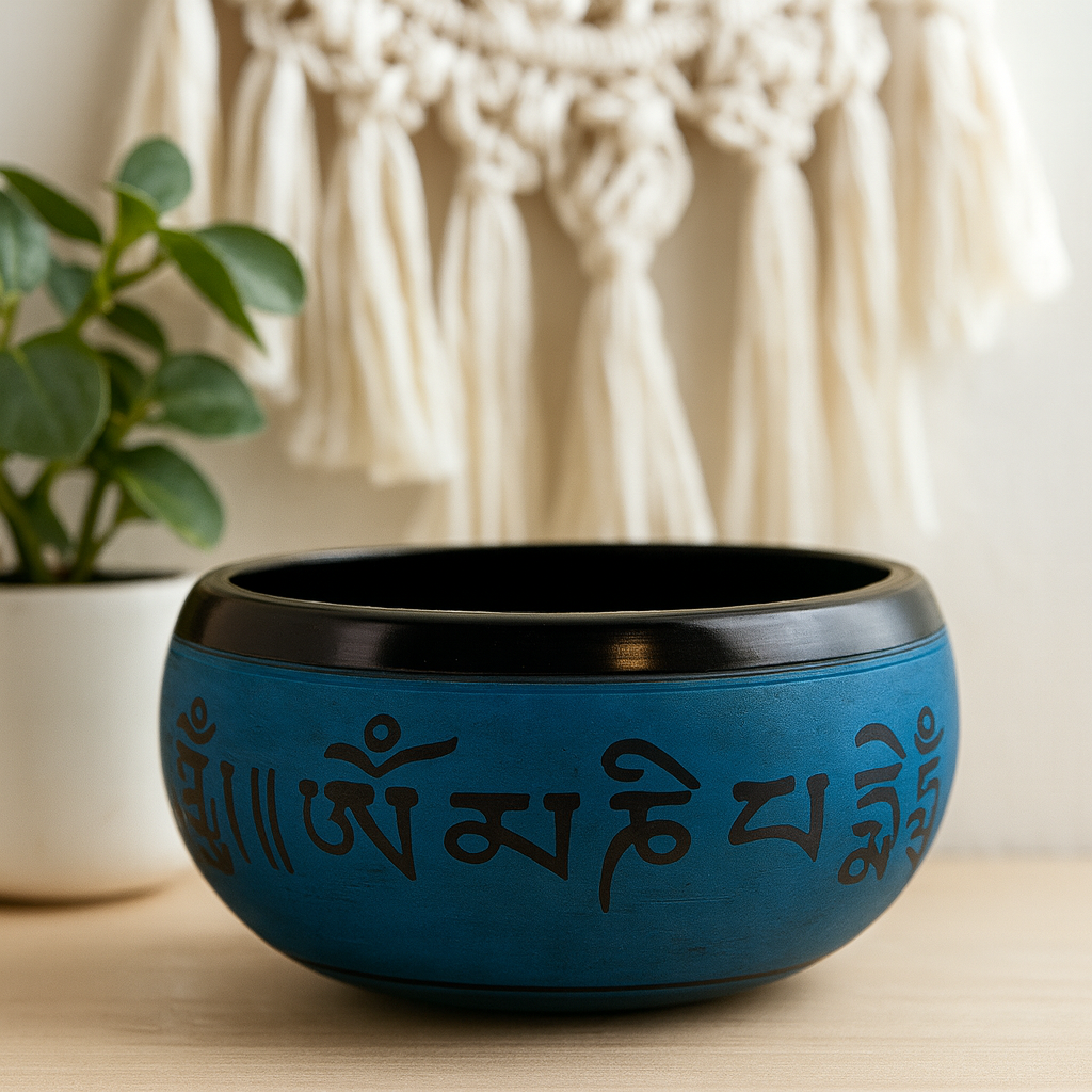 Cuenco tibetano azul polvo cinco mantras de Buda 16 cm