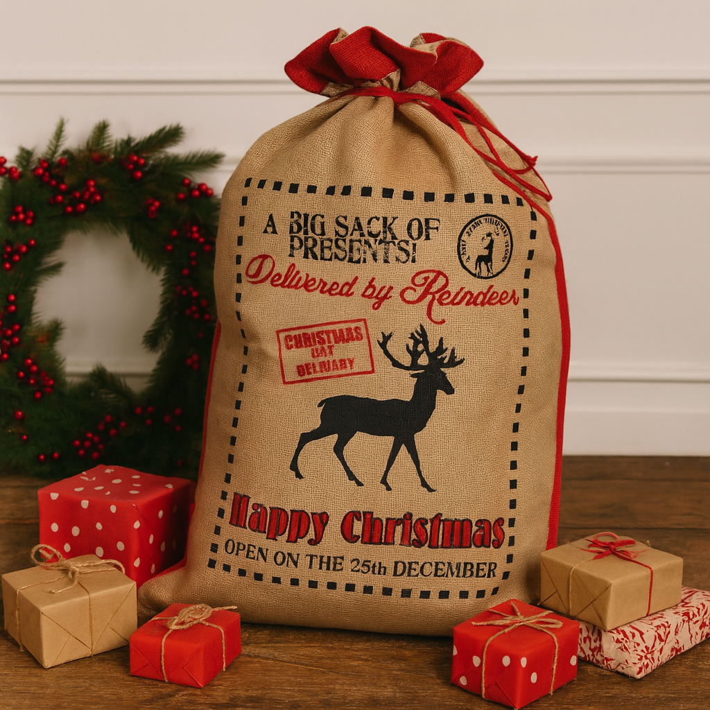 Sac cadeau en jute de Noël livré par un renne