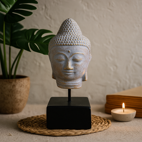 Buddha Head Sculpture on Stand Blue Copper