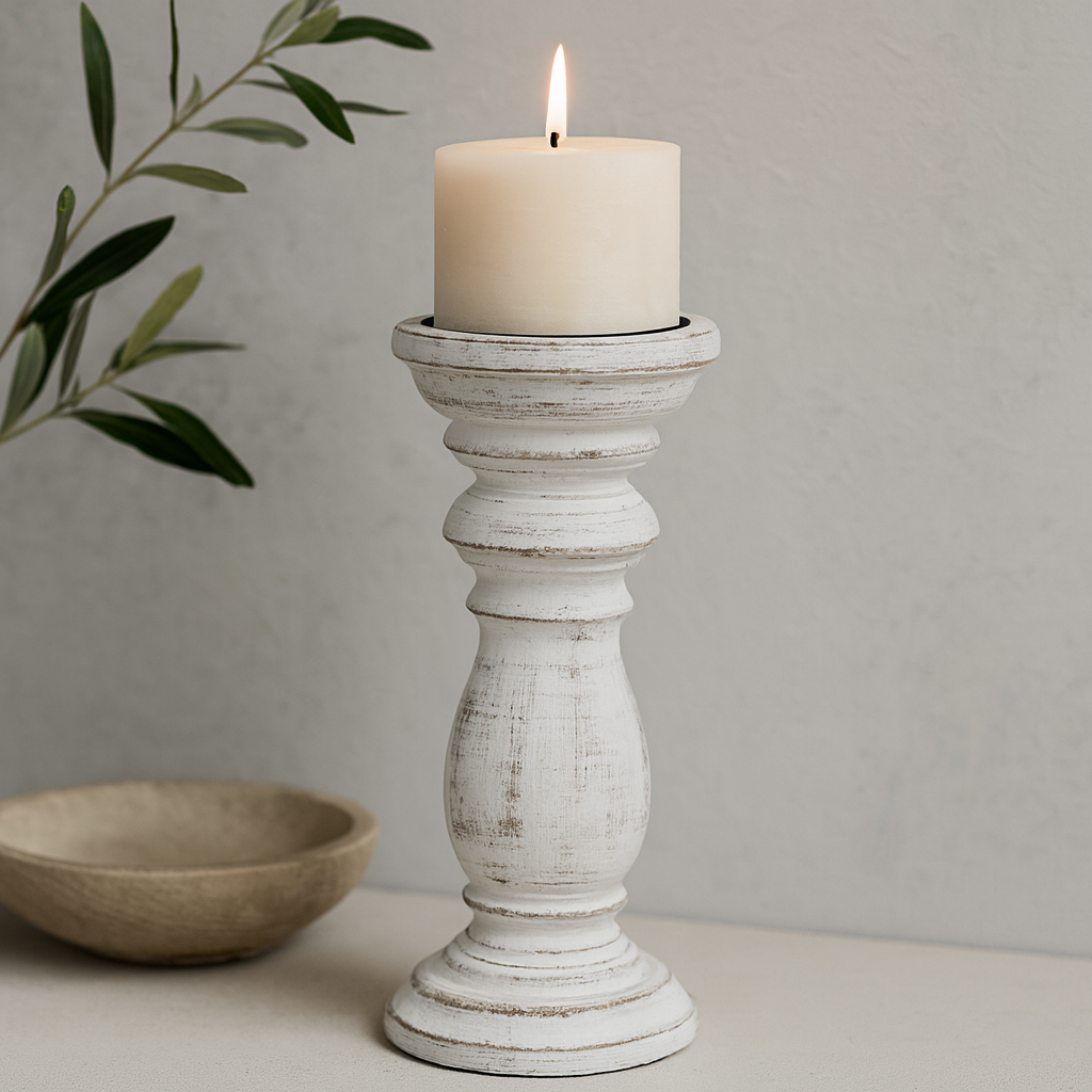 Stojan na svíčku z manga dřeva, bělený, střední, 30x10cm