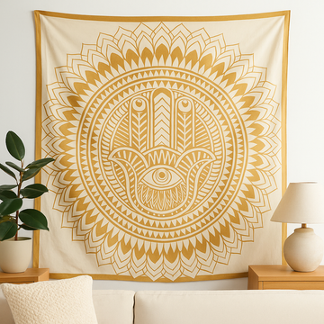 Bavlněný přehoz tapisérie na dvoulůžko, Hamsa mandala bílá se zlatem
