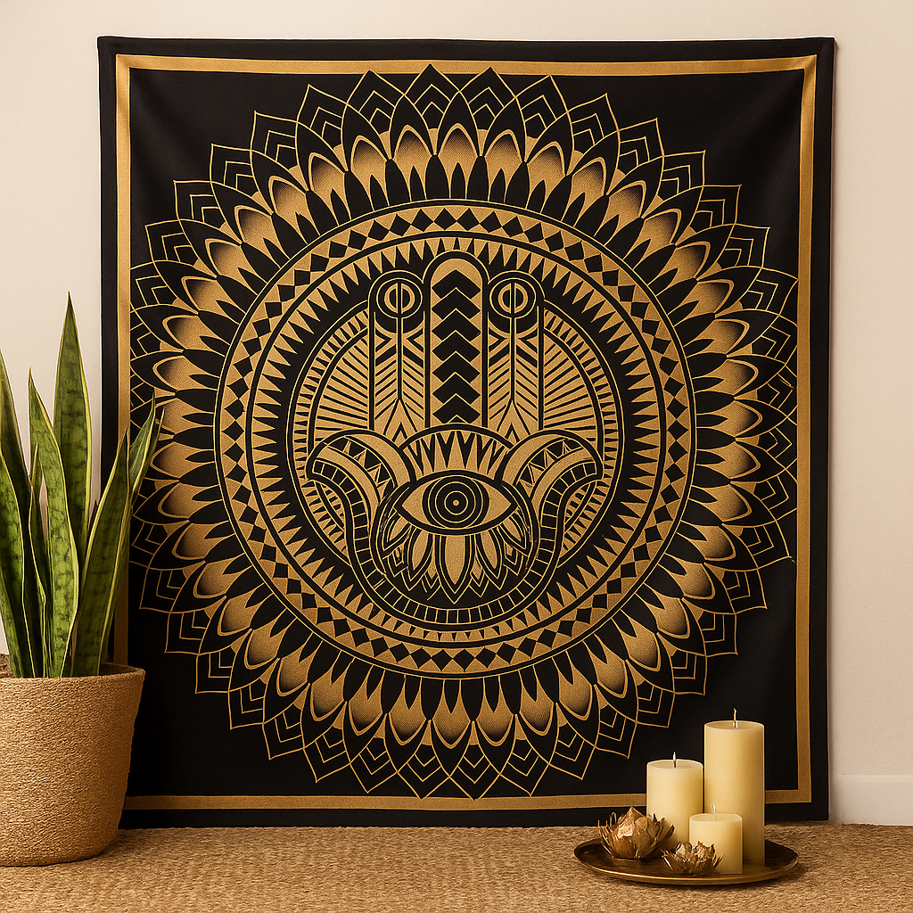 Tapeçaria Mão de Hamsa, Colcha de Algodão Preto e Dourado para Cama de Casal