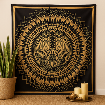 Tapisérie Ruka Hamsa, černý zlatý bavlněný přehoz na dvoulůžko