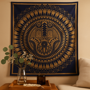 Hamsa Hand Tapestry Blue Gold Cotton Bedspread