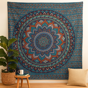 Double Cotton Bedspread, Turquoise Mandala Wall Tapestry