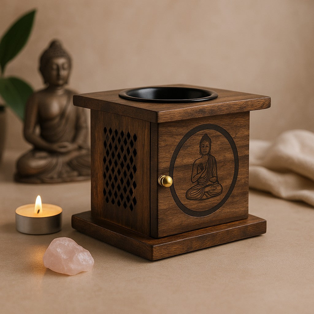 Arzător de ulei și ceară, Buddha din lemn de mango
