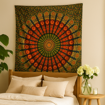 Tapiz Mandala de Pavo Real Verde, Cubrecama Doble de Algodón