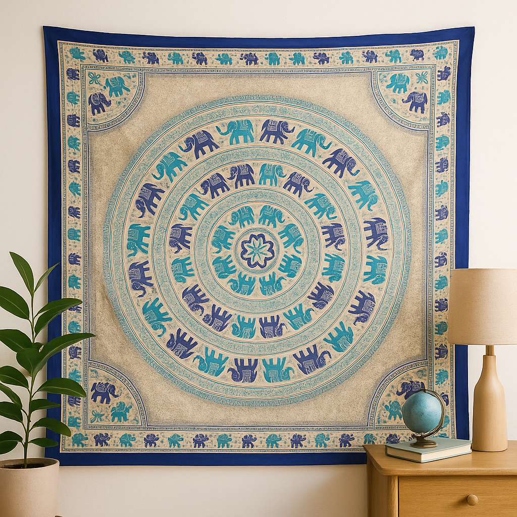 Tapeçaria Mandala de Elefante Pendura de Parede Colcha Azul