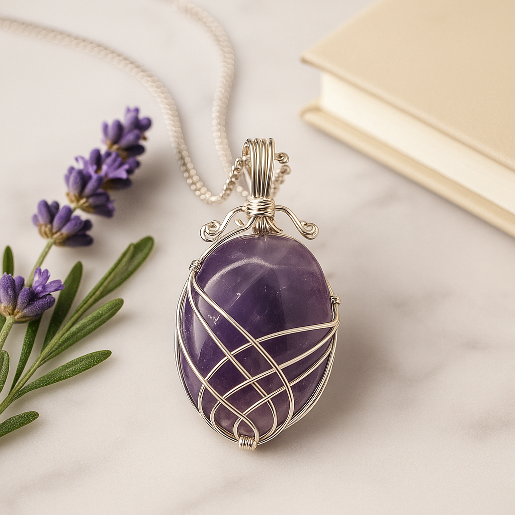 Amethyst Pendant Necklace Wire Wrapped 50cm Chain