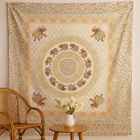 Elephant Mandala Wall Hanging Tapestry, Brown Orange Cream
