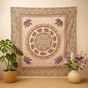 Elephant Mandala Tapestry Wall Hanging Purple Blue Cream