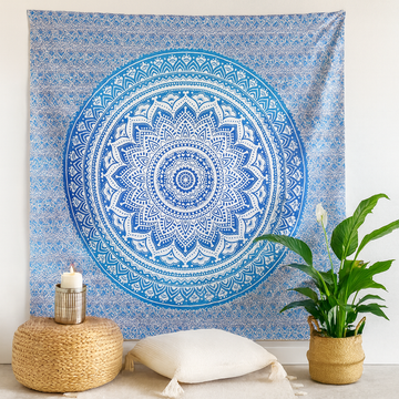 Kék mandala boho faliszőnyeg ágytakaró