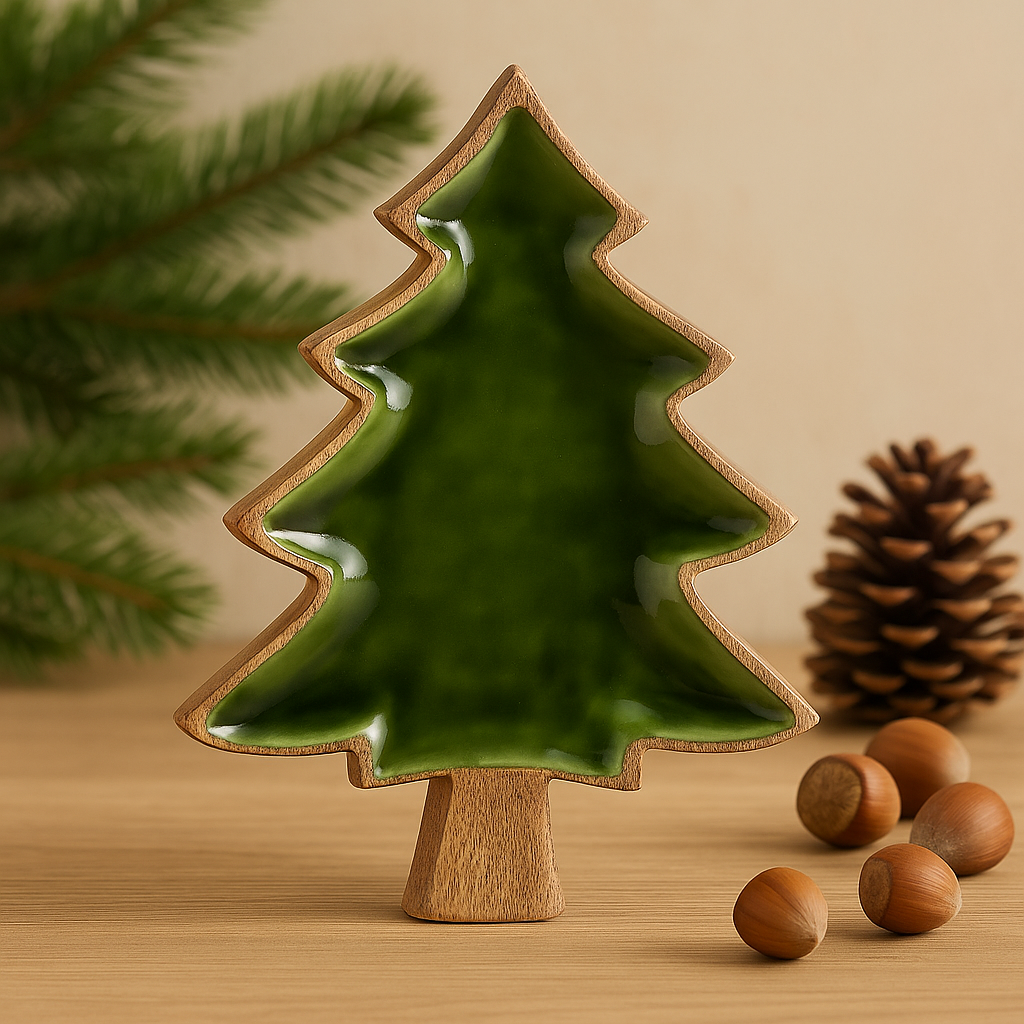 Mango Wood Christmas Tree Bowl Green Enamel 25x19cm