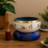 Éneklő tál készlet fehér kék 14cm jóga mozdulatok