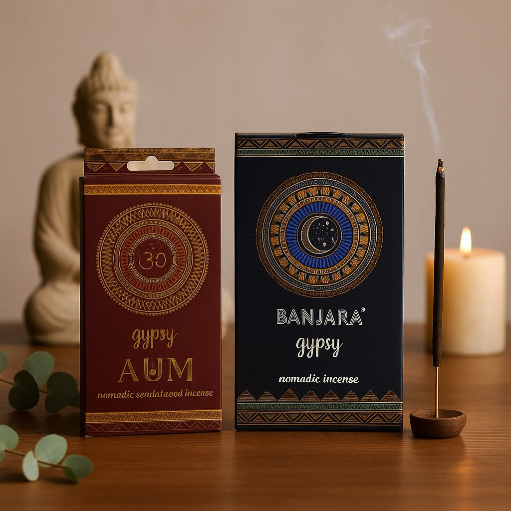 Banjara Nomadic Räucherstäbchenset – AUM Sandelholz- und Zigeunerduft mit komplizierten Designs