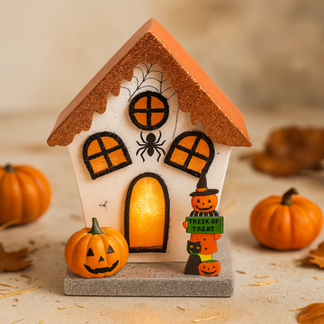 Halloween LED dekoration edderkop græskar hus glitter