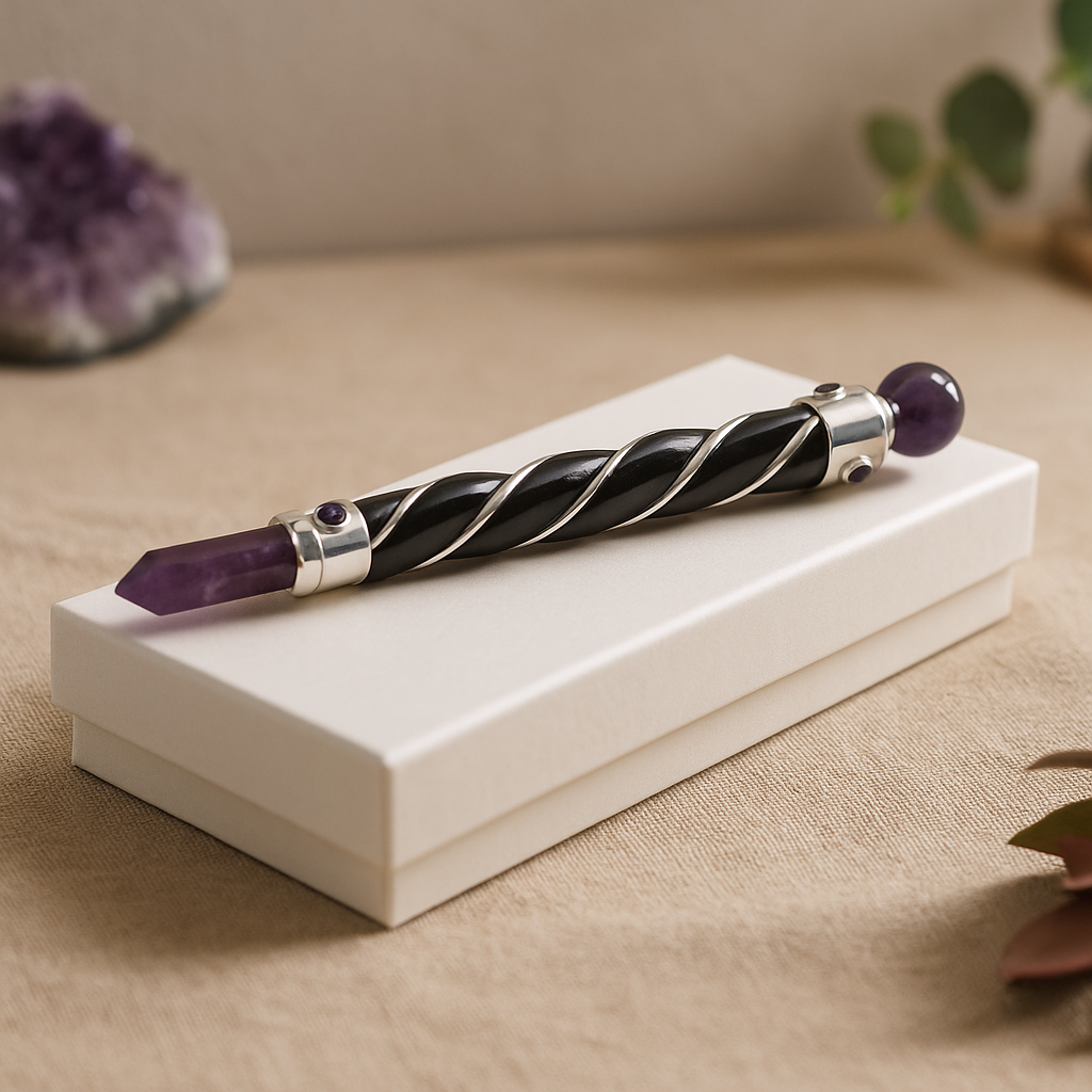 Heilstab - Gedrehte silberne Amethystkugel