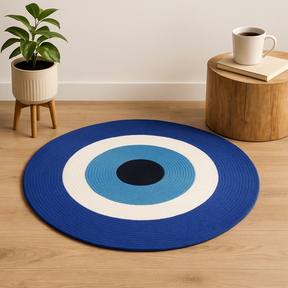 Evil Eye Blue Round Cotton Rope Rug, 120cm