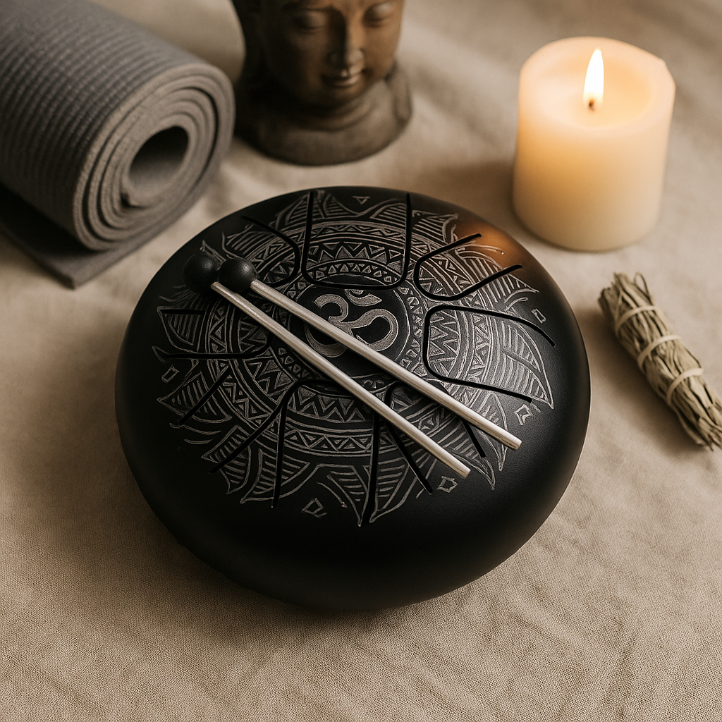 Tambor de lengüeta de acero de 8 notas Om Mandala negro